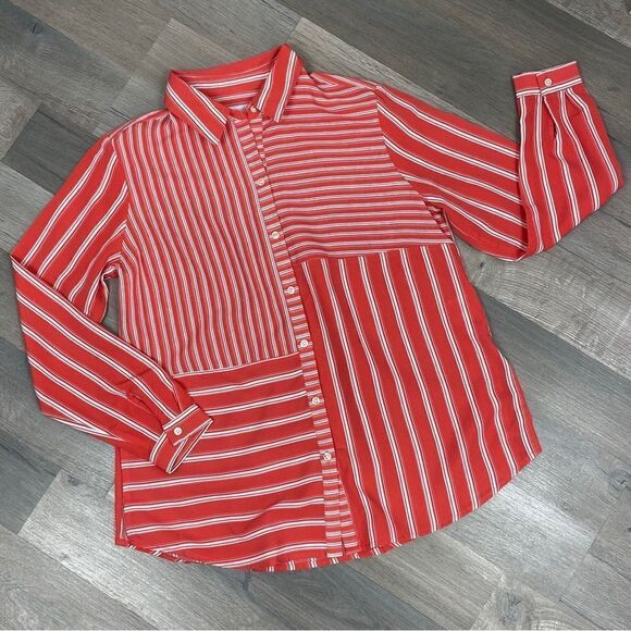 Charter Club Multi Stripe Pattern Block Button Front Blouse Coral White SP - Picture 9 of 11